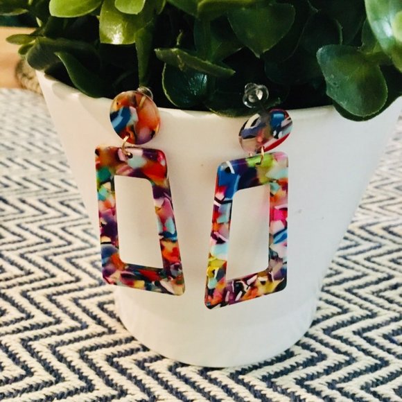 Acetate Dangle Earrings , Rectangle Earrings, Geometric Acrylic , Amber Tortoise - Picture 4 of 4